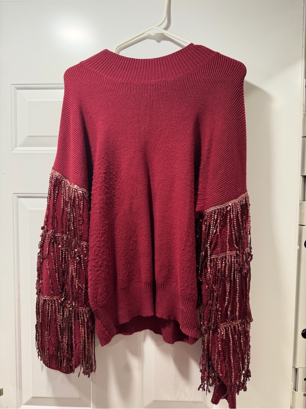Listicle Wine Fringe-Beaded Crewneck Sweater